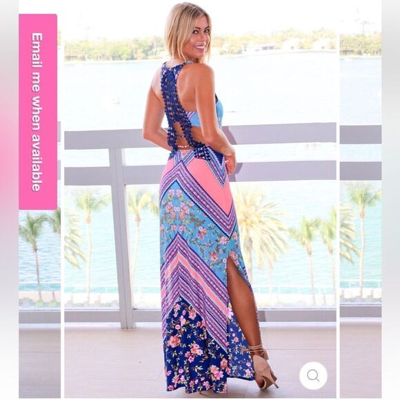 NEW Blue and Neon Sleeveless Floral Maxi Dress with Crochet Back.Size S - Picture 5 of 17